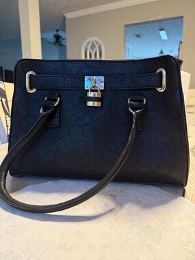 Charming Charlie Black Satchel with Gold Padlock Detail
